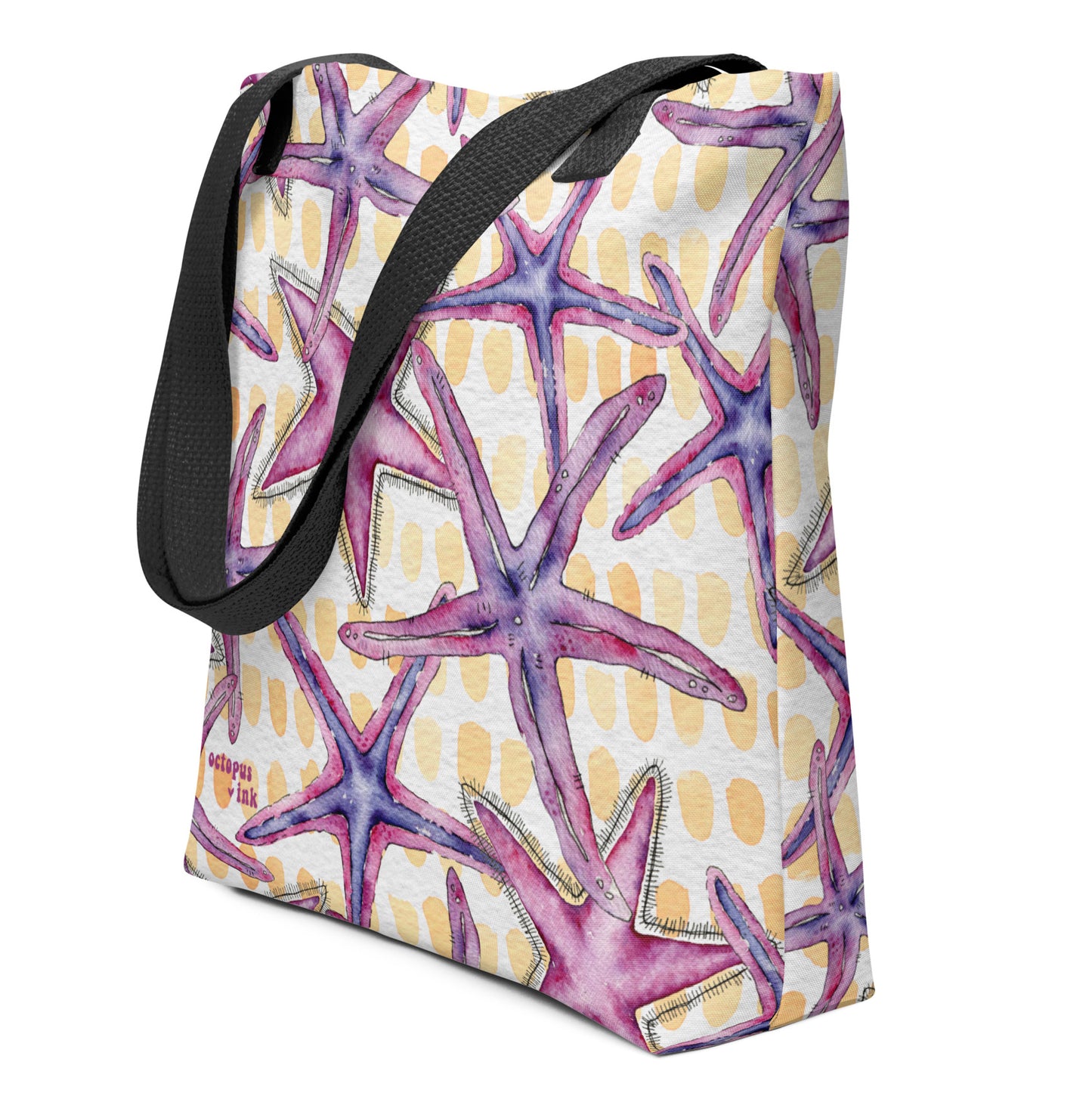 Tote bag with purple starfish pattern on a white background
