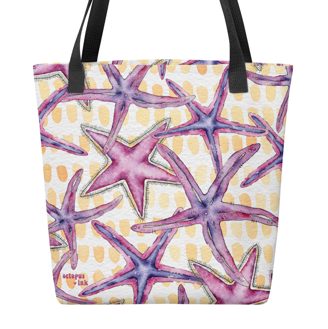 Tote bag with starfish pattern on a white background