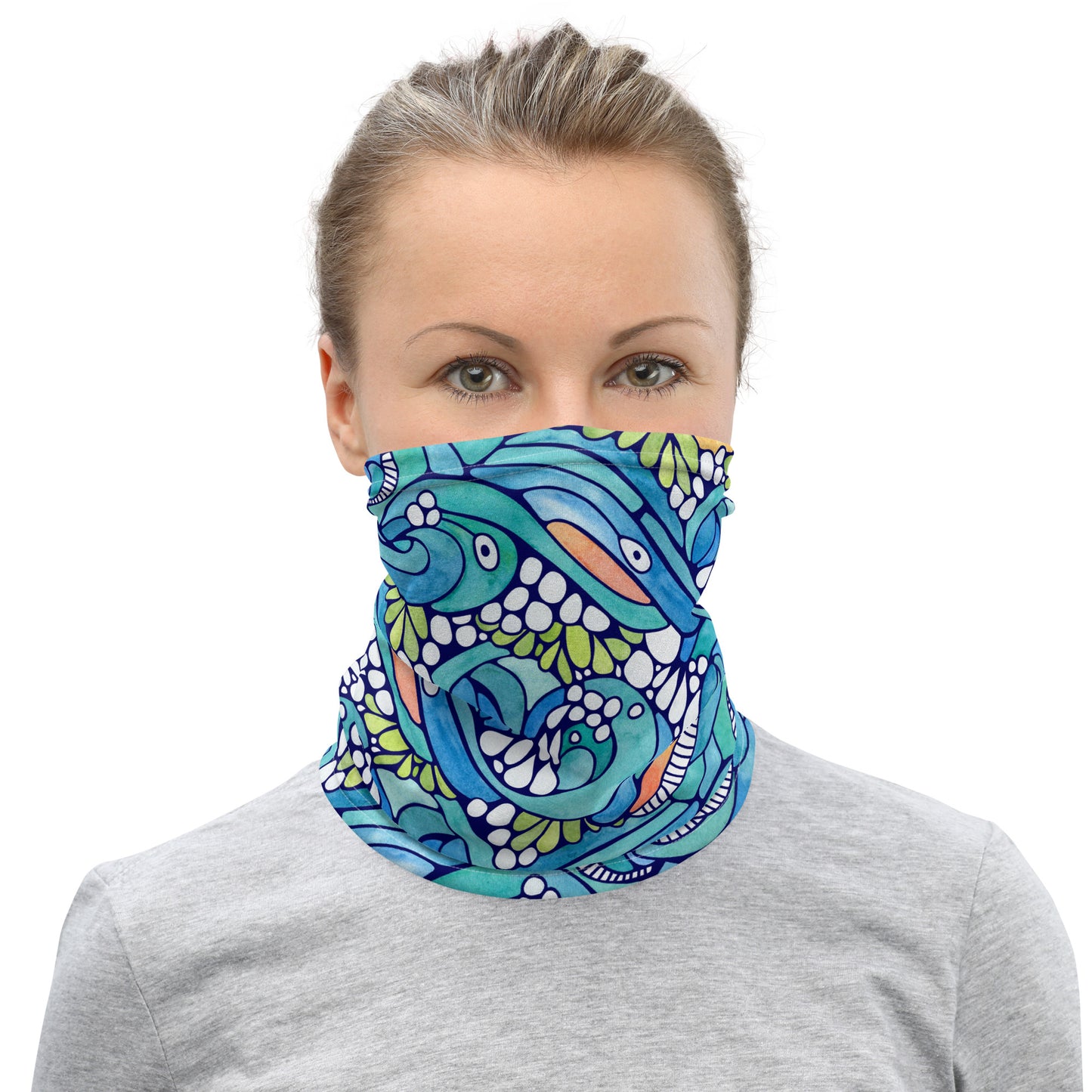 neck gaiter featuring hand painted watercolor waves and surf