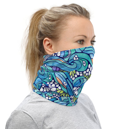 neck gaiter featuring hand painted watercolor waves and surf