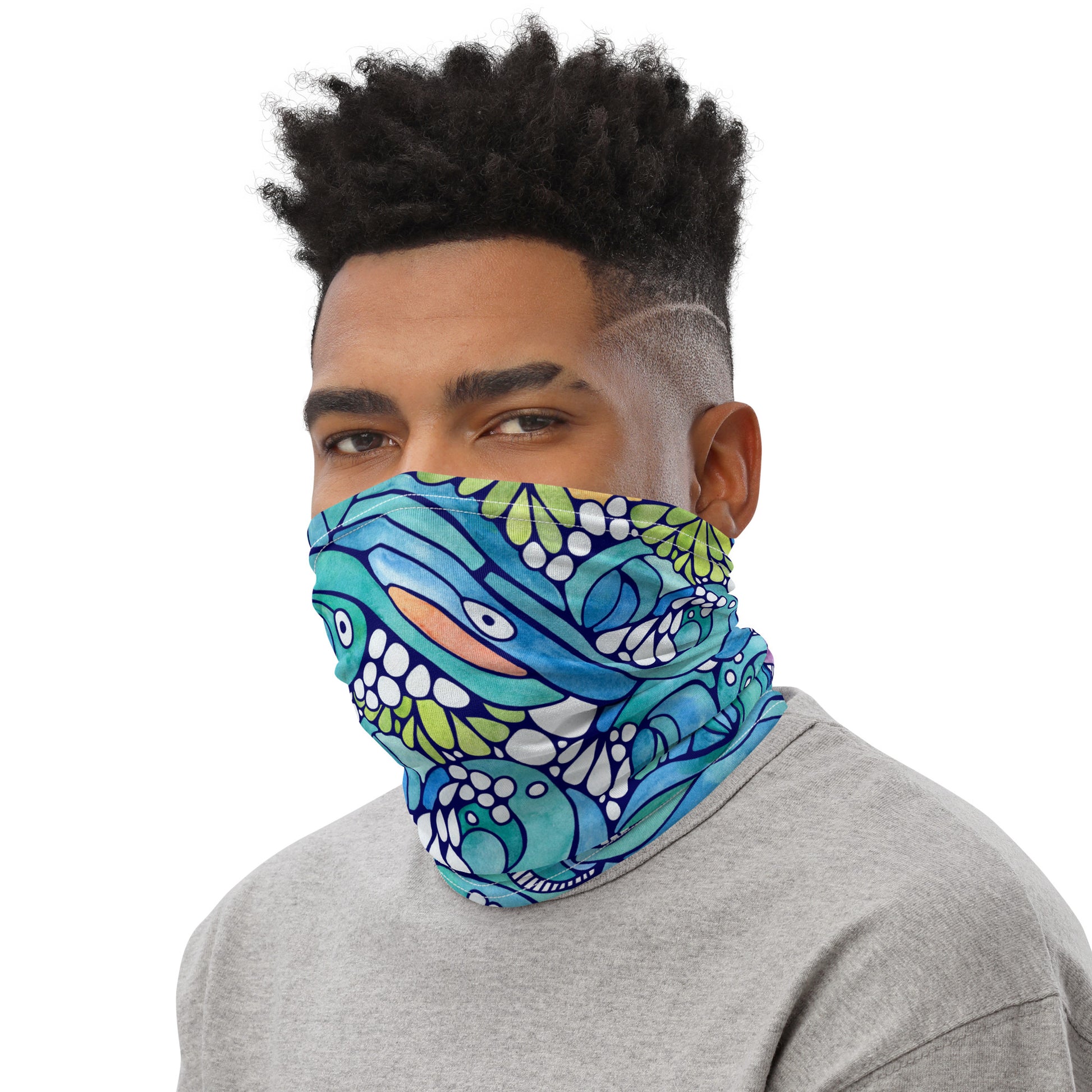 neck gaiter featuring hand painted watercolor waves and surf