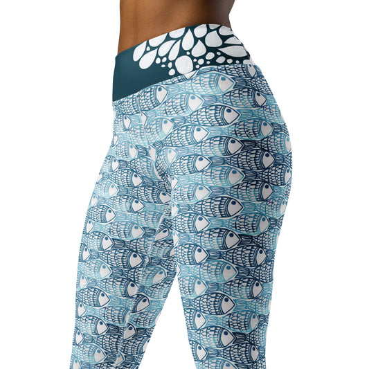Leggings with a blue and white  hand block printed fish pattern 