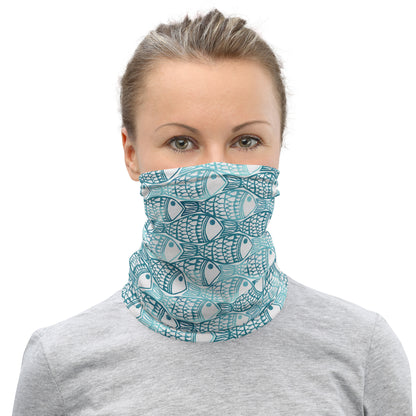 neck gaiter featuring a hand block printed fish design