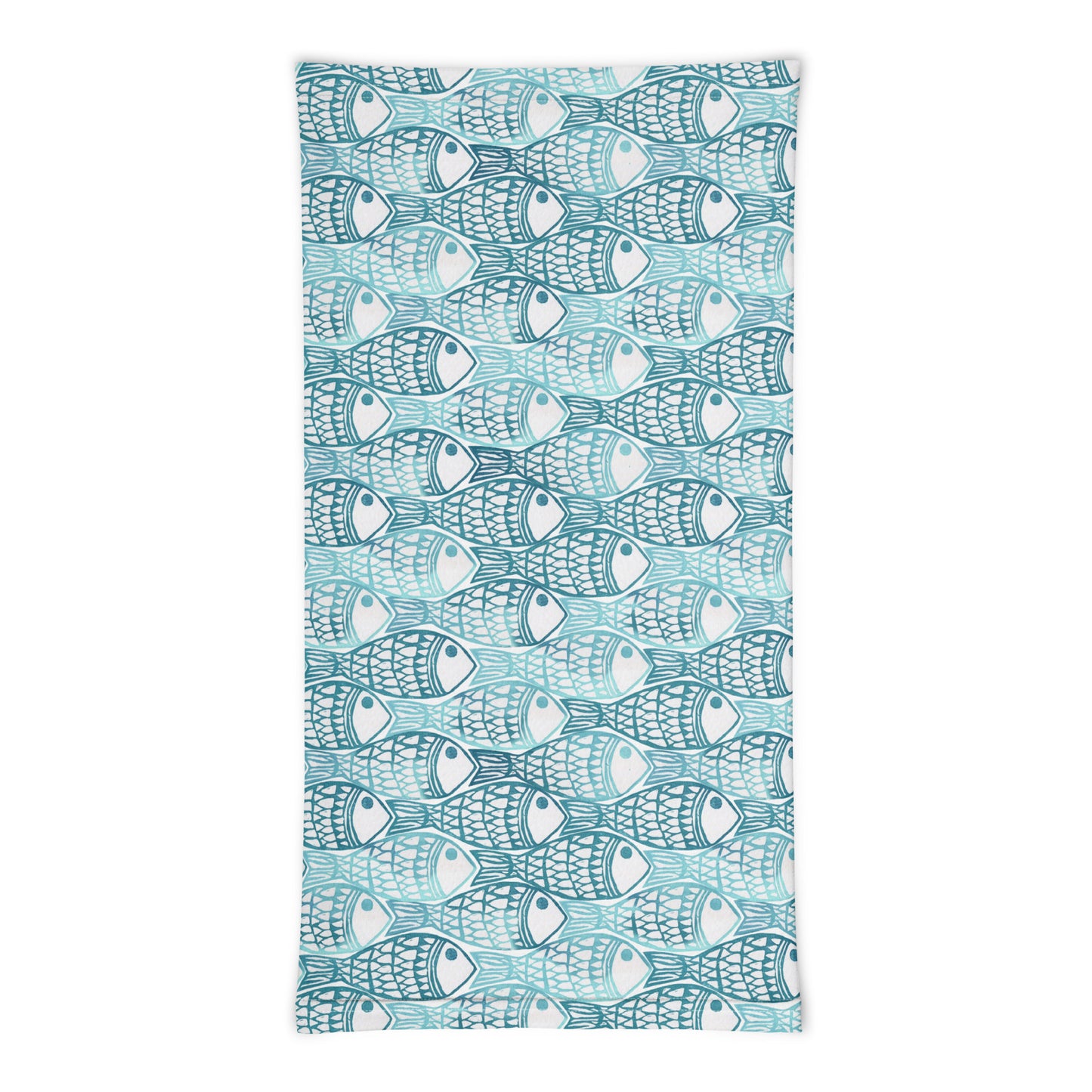 neck gaiter featuring a hand block printed fish design