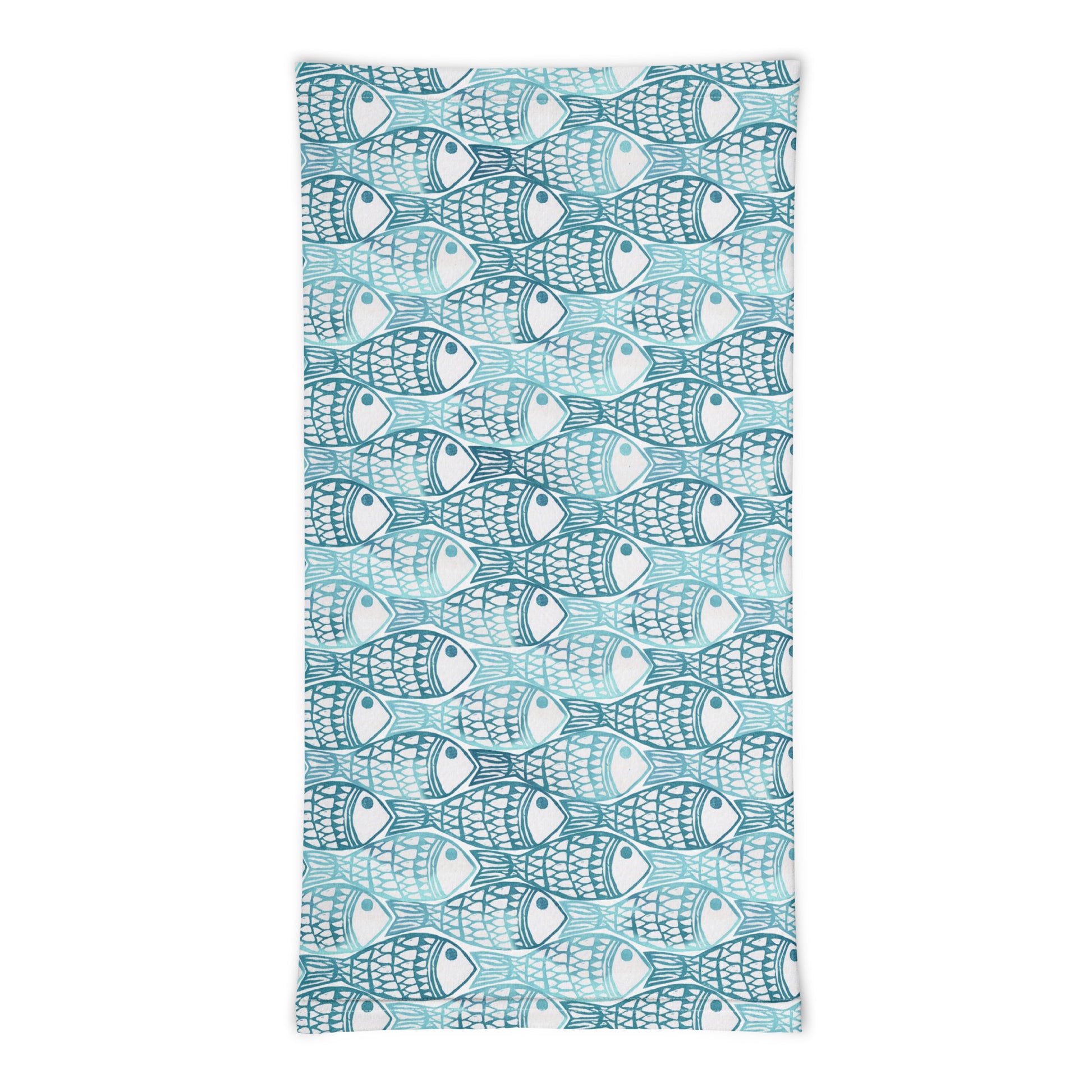 neck gaiter featuring a hand block printed fish design