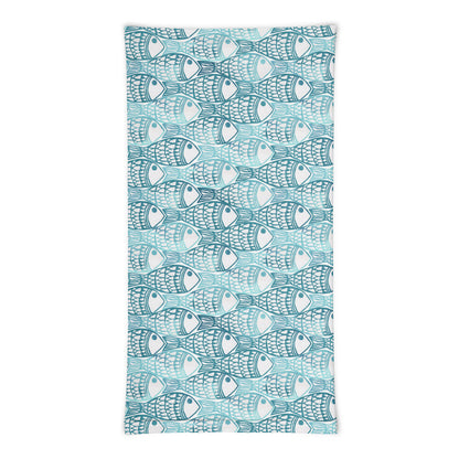 neck gaiter featuring a hand block printed fish design