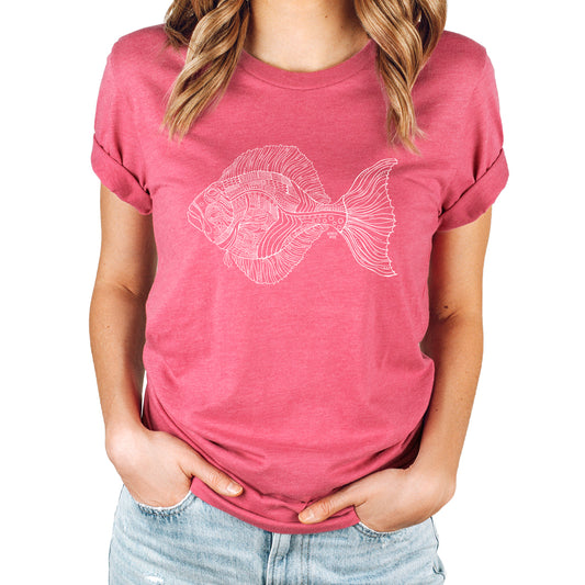 hand drawn halibut design printed on a heather raspberry tee