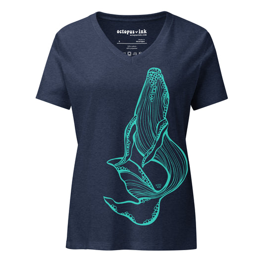 ladies navy v-neck tee with humpback whale design in turquoise ink