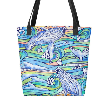 tote with hand painted watercolor humpback whale and rolling waves design