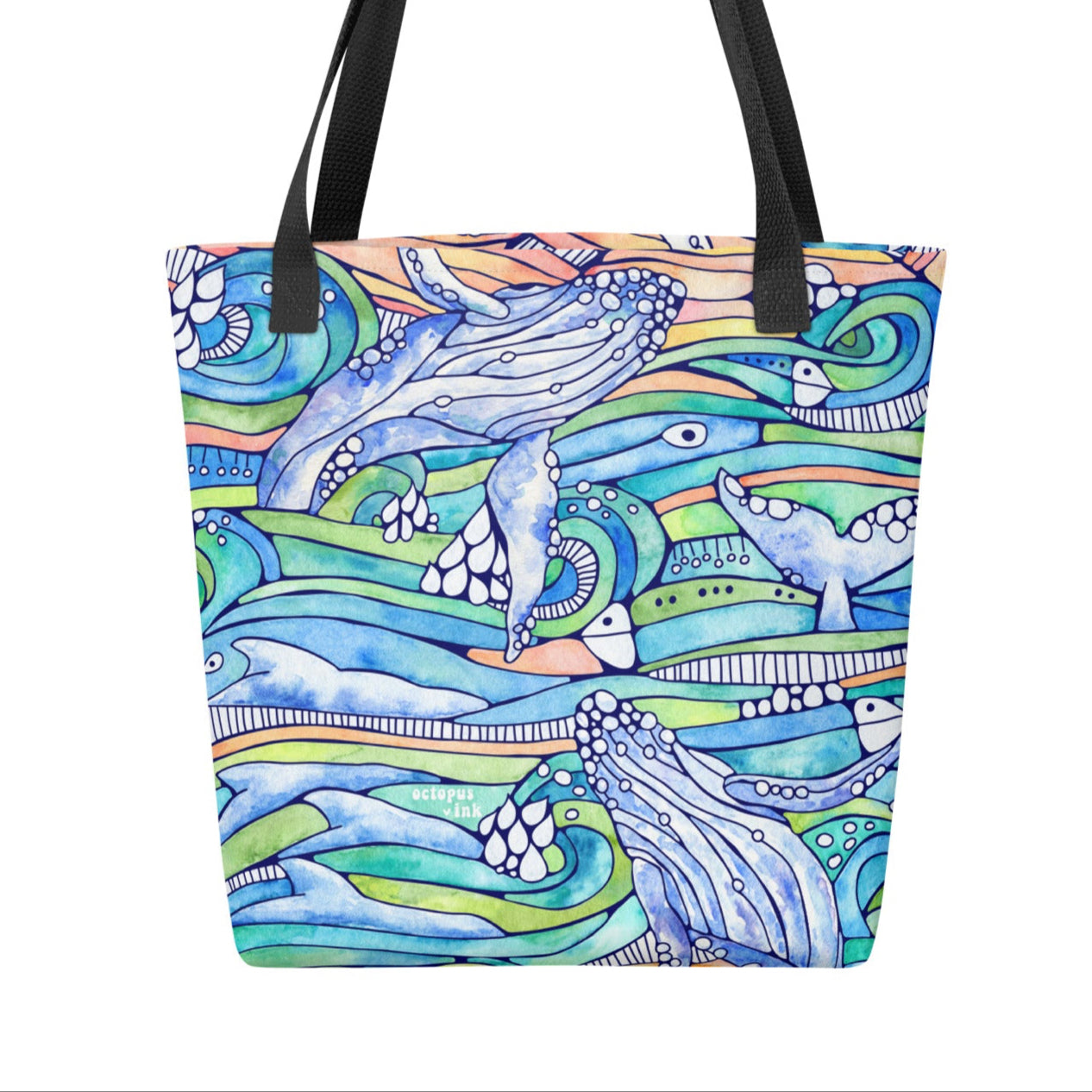 tote with hand painted watercolor humpback whale and rolling waves design