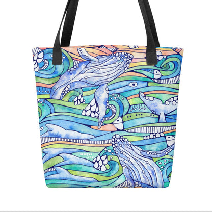 tote with hand painted watercolor humpback whale and rolling waves design