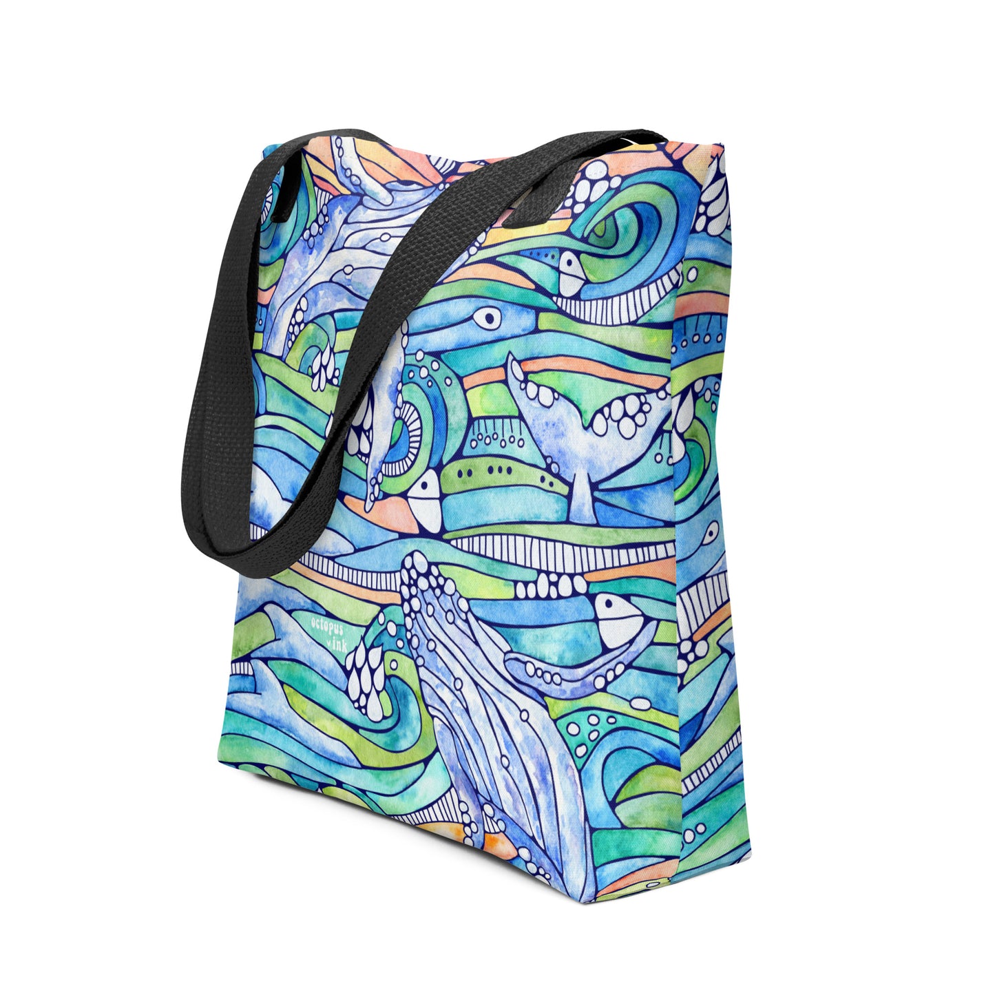 tote with hand painted watercolor humpback whale and rolling waves design