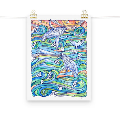hand painted watercolor giclee of whales and waves