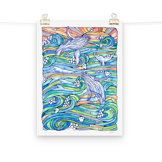 hand painted watercolor giclee of whales and waves