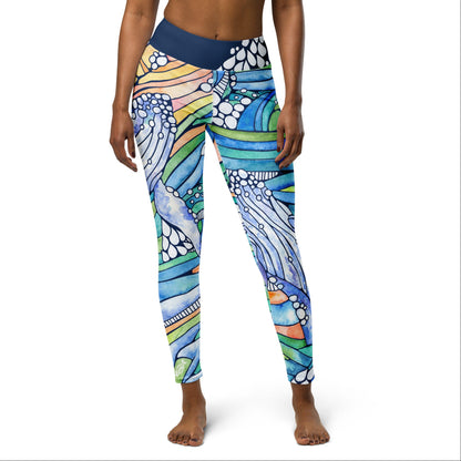 humpback whale and wave inspired hand painted watercolor design on ladies leggings