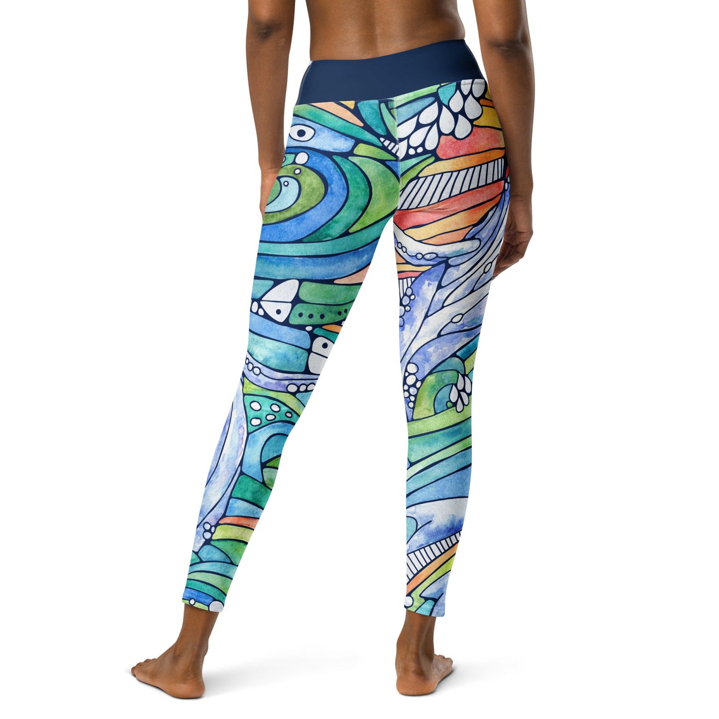 humpback whale and wave inspired hand painted watercolor design on ladies leggings