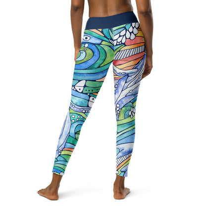 humpback whale and wave inspired hand painted watercolor design on ladies leggings