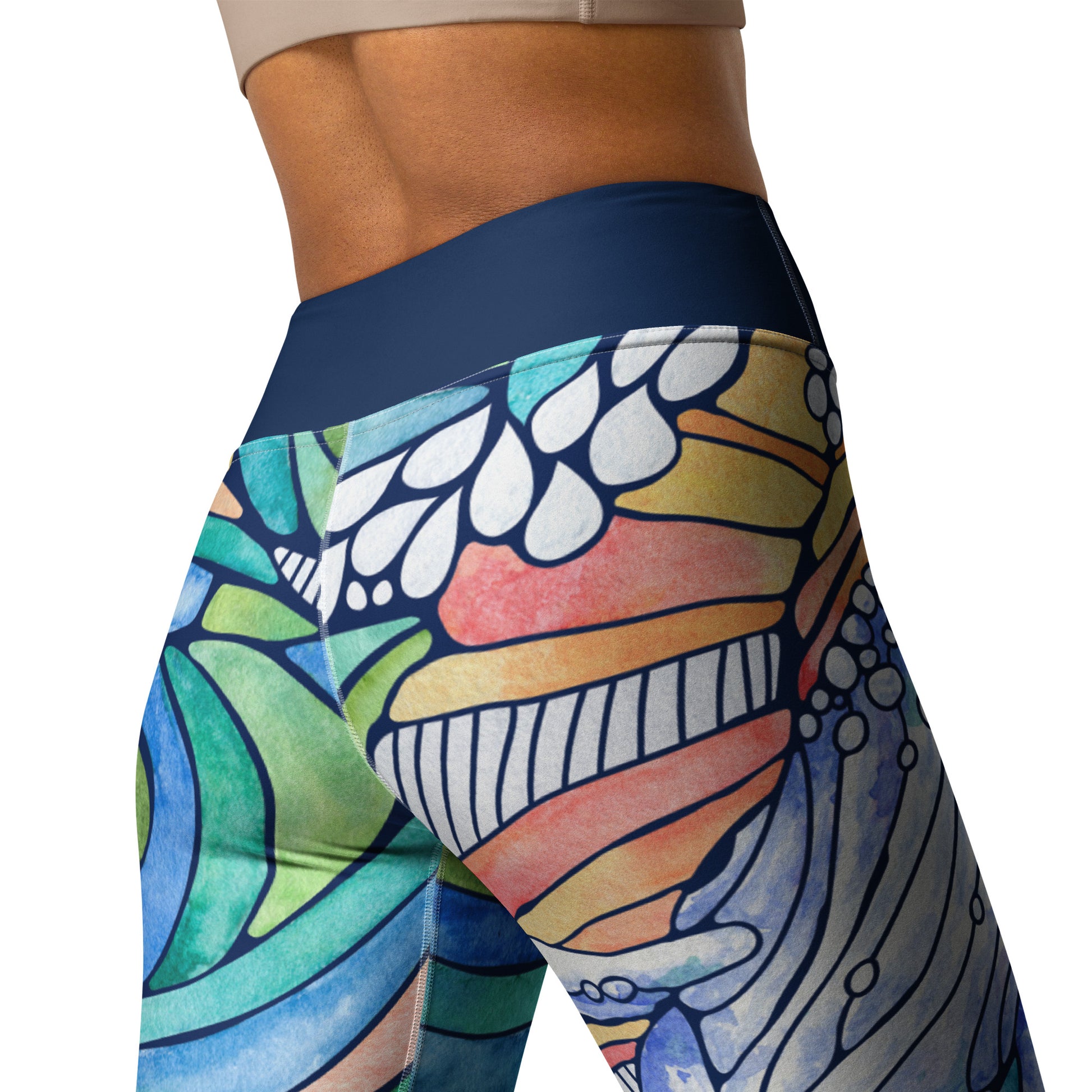 humpback whale and wave inspired hand painted watercolor design on ladies leggings