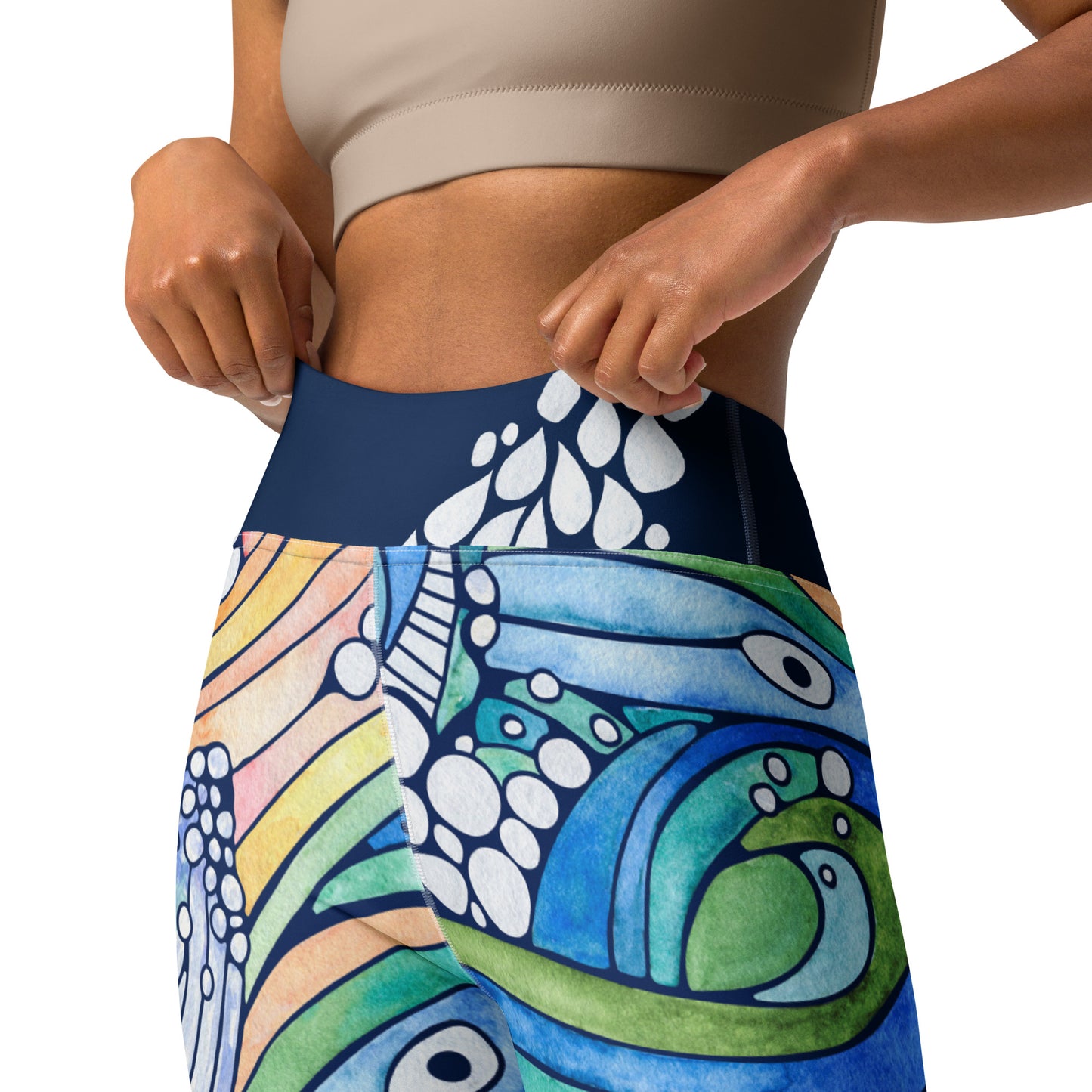 humpback whale and wave inspired hand painted watercolor design on ladies leggings