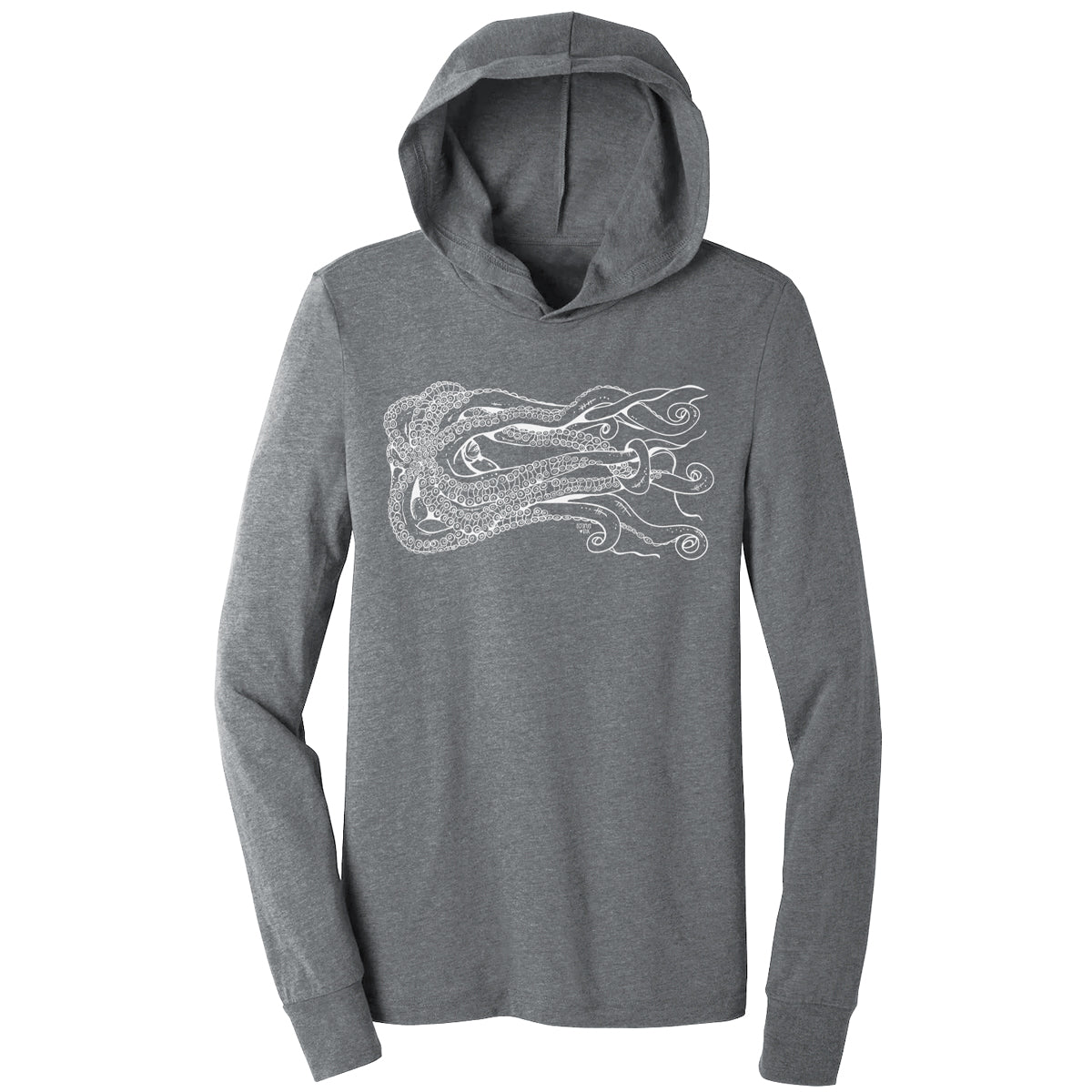 octopus design on a grey unisex lightweight hooded long sleeve