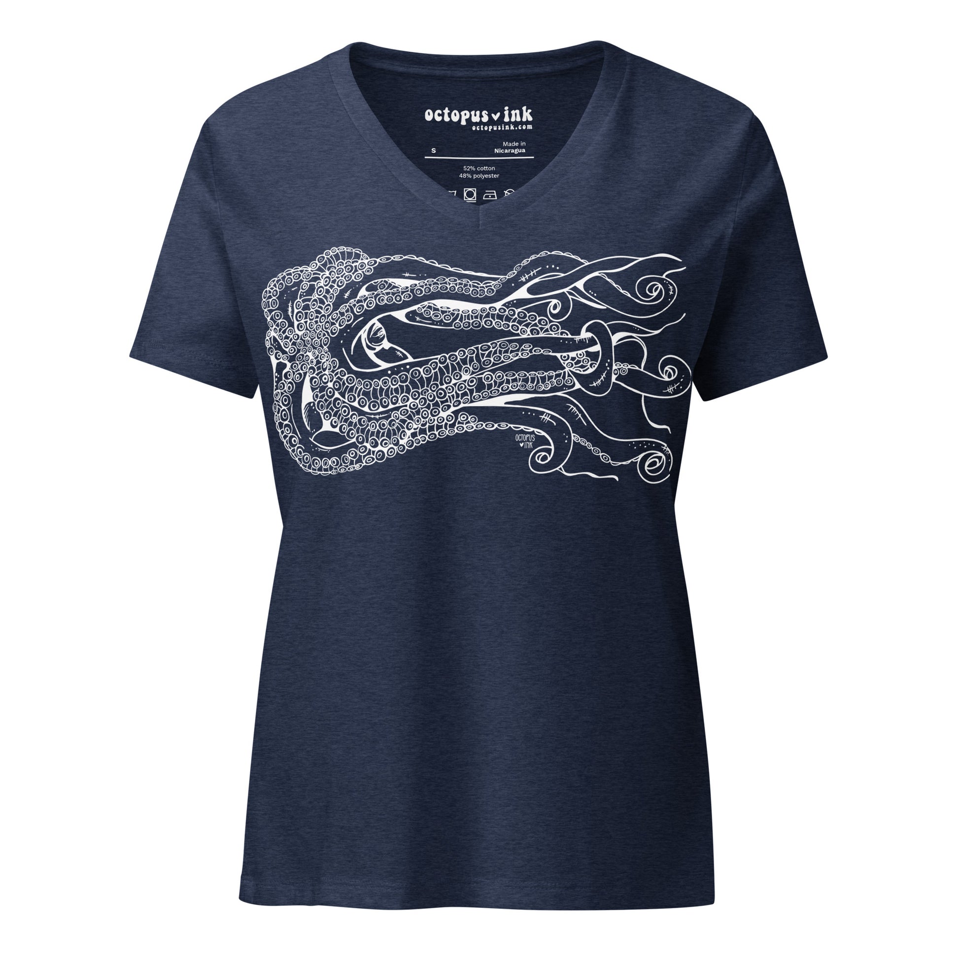 ladies navy v-neck tee with octopus design in white ink