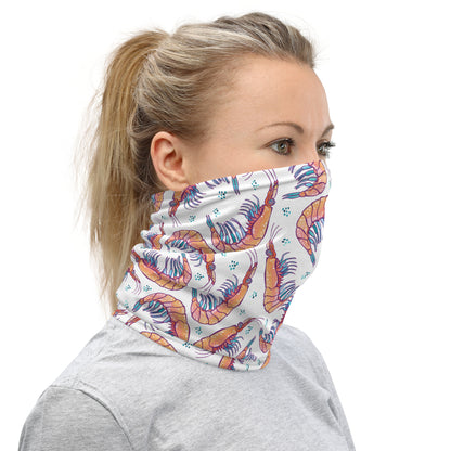 neck gaiter featuring a hand painted watercolor design of krill