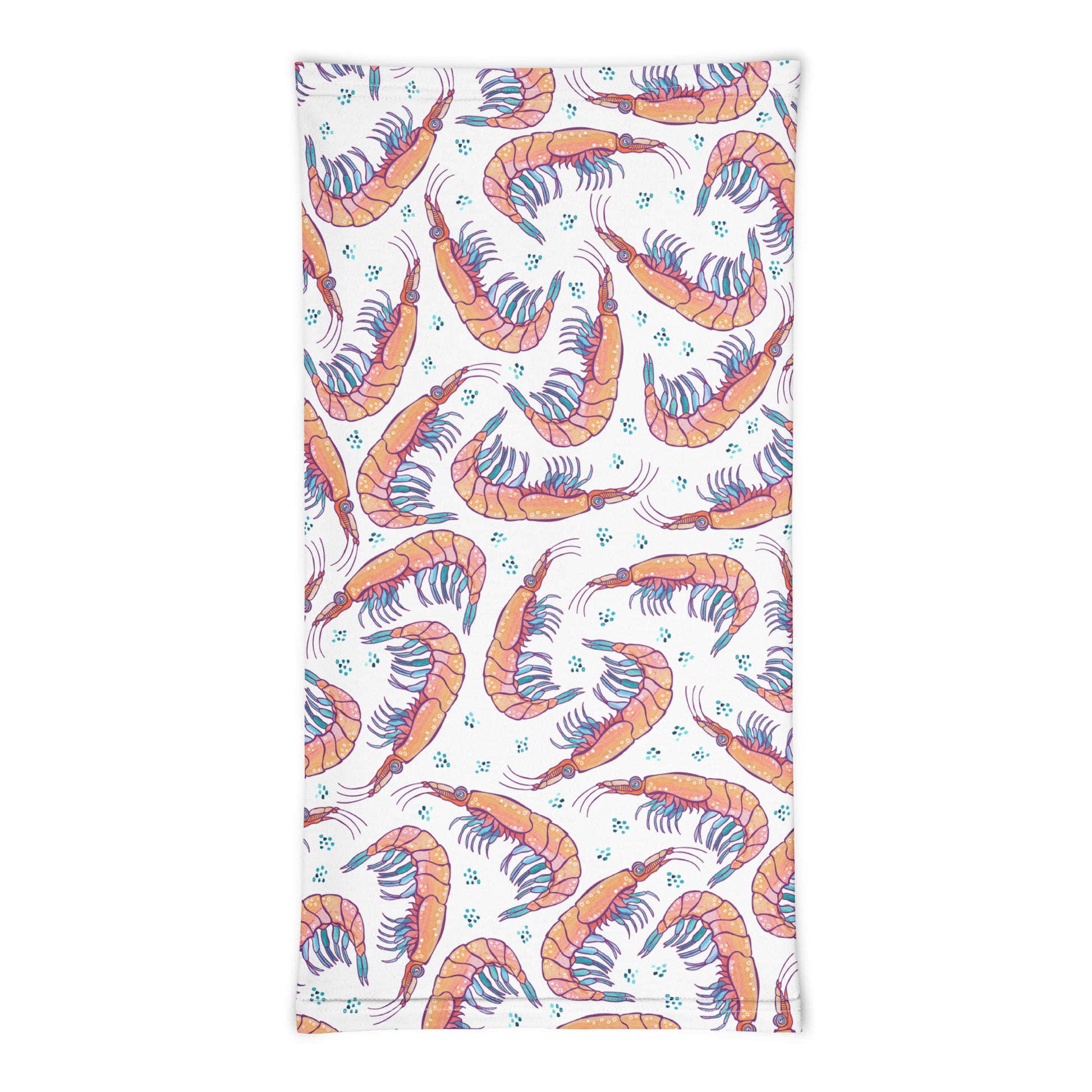 neck gaiter featuring a hand painted watercolor design of krill