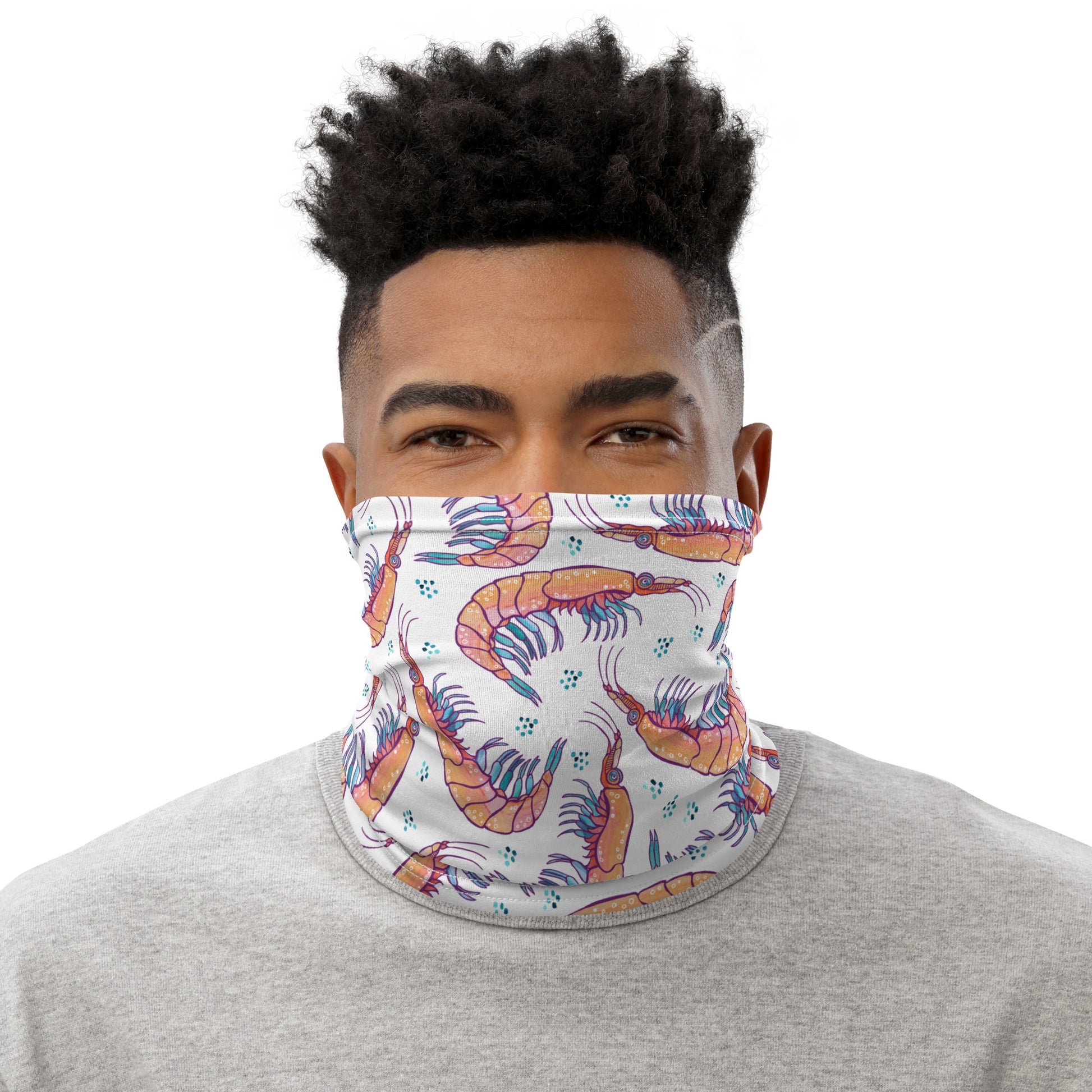 neck gaiter featuring a hand painted watercolor design of krill