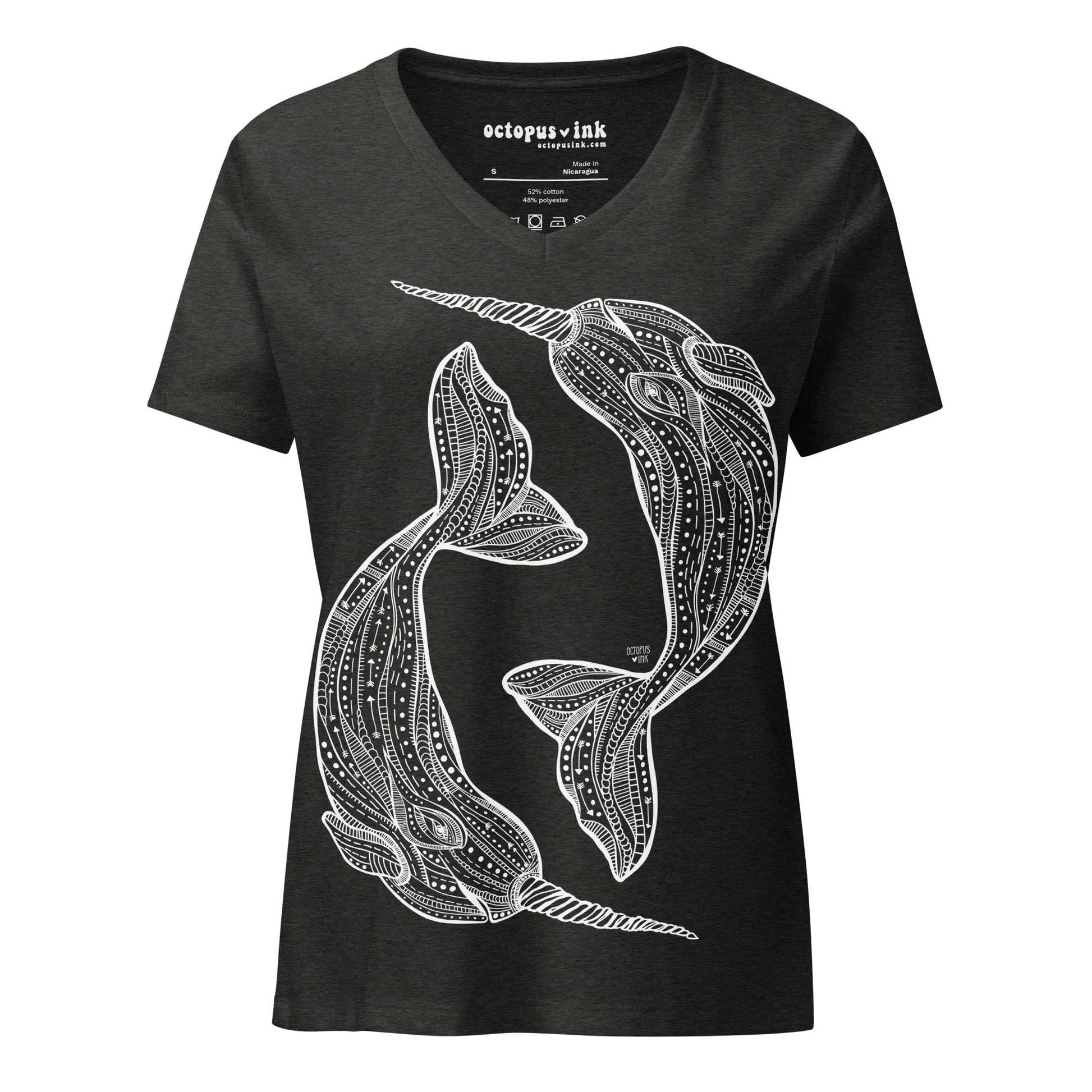 ladies charcoal v-neck tee with narwhal design in white ink