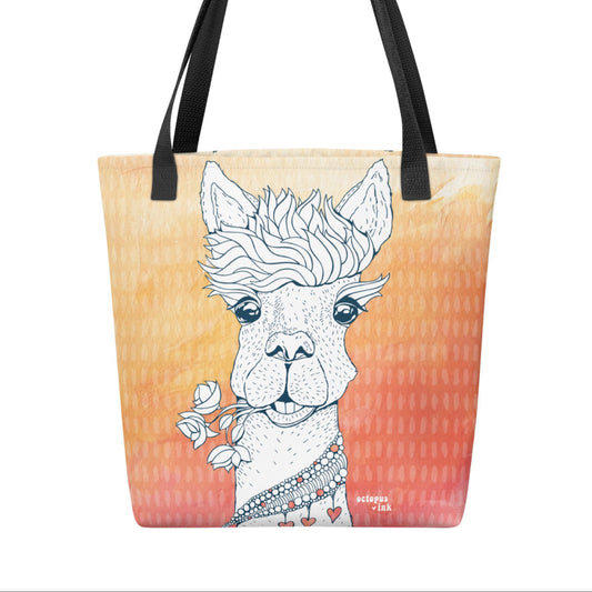 tote with hand painted llama design