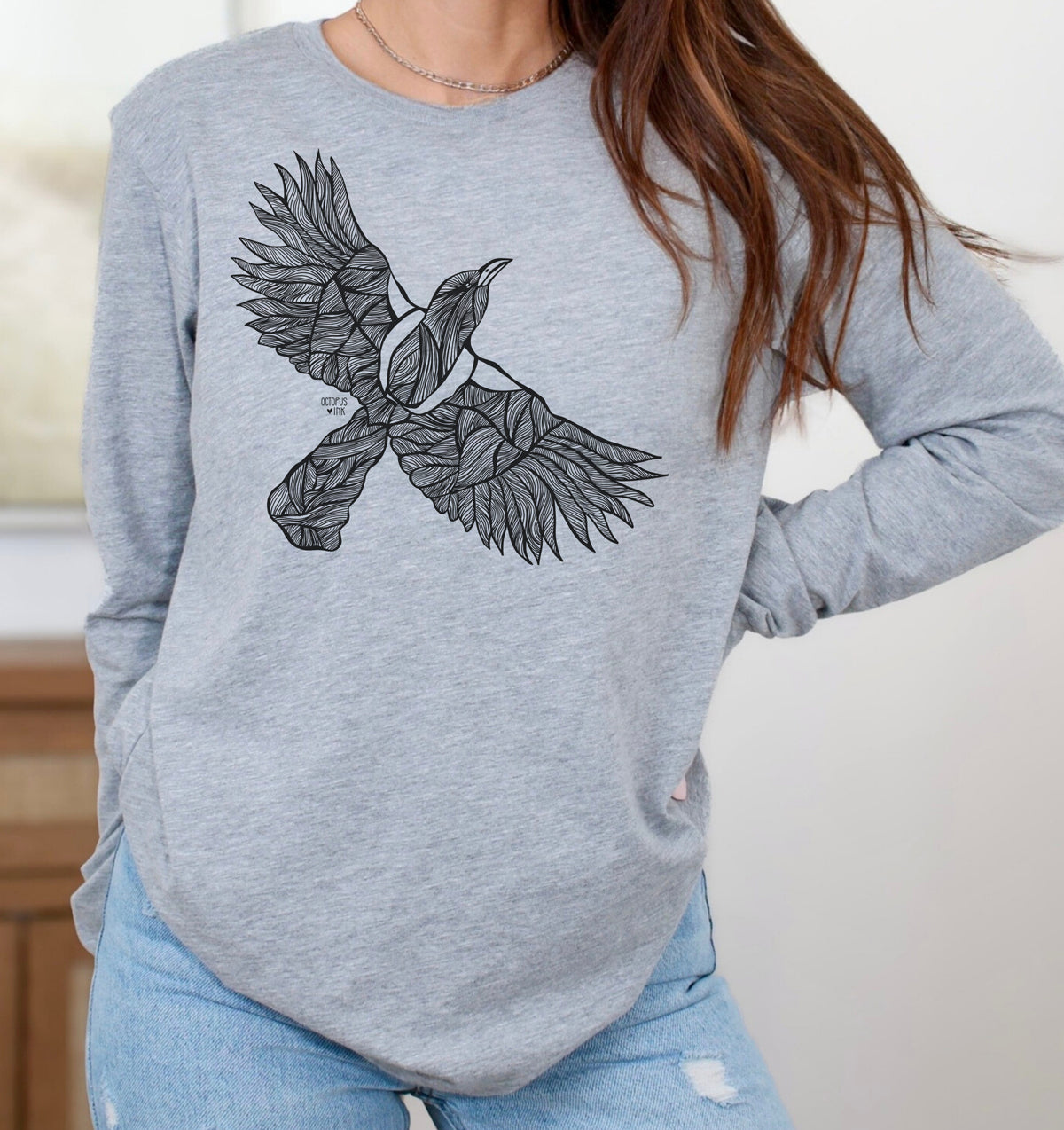 hand drawn magpie design on grey long sleeve tee