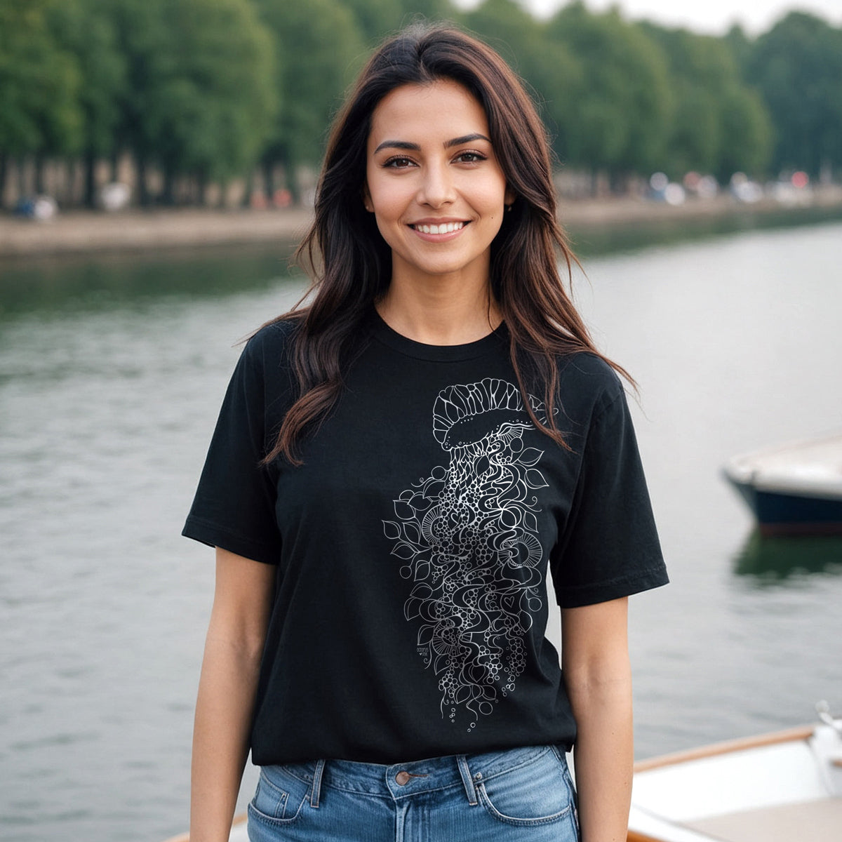 unisex black tee with hand drawn Portuguese man of war design on it