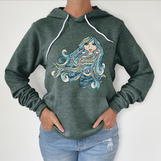 hand painted mermaid design on a green pullover hoodie