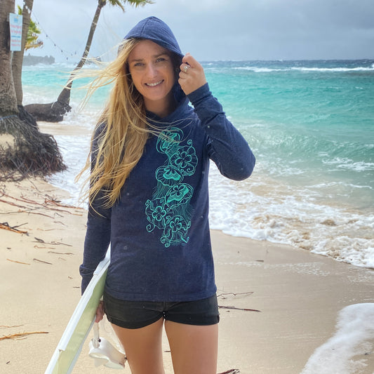 jellyfish design on a navy unisex lightweight hooded long sleeve