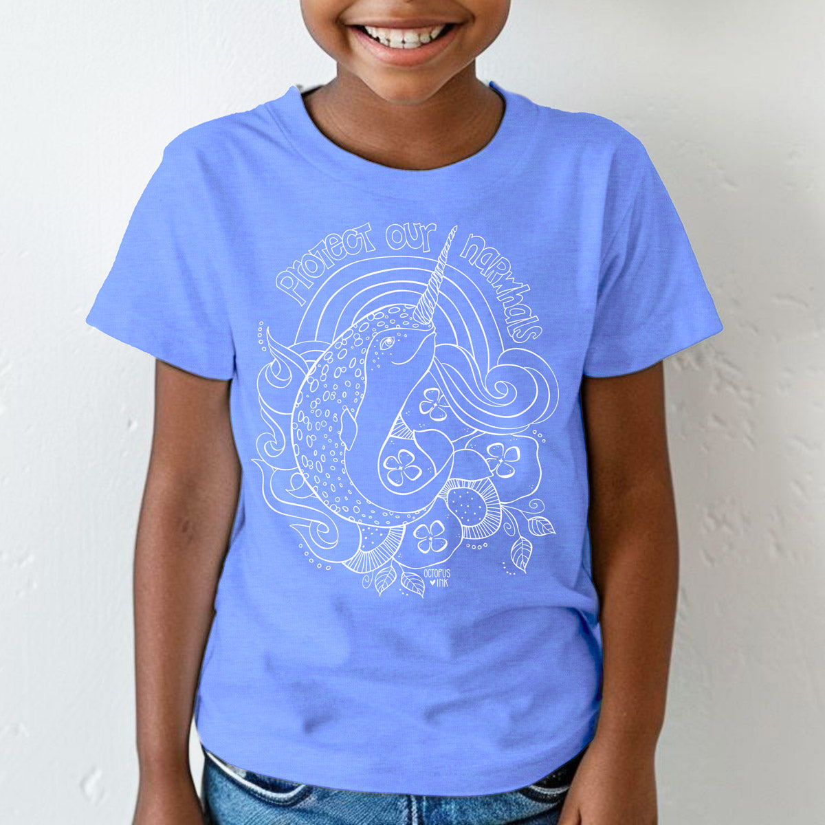 blue toddler tee with hand drawn narwhal and jellyfish design