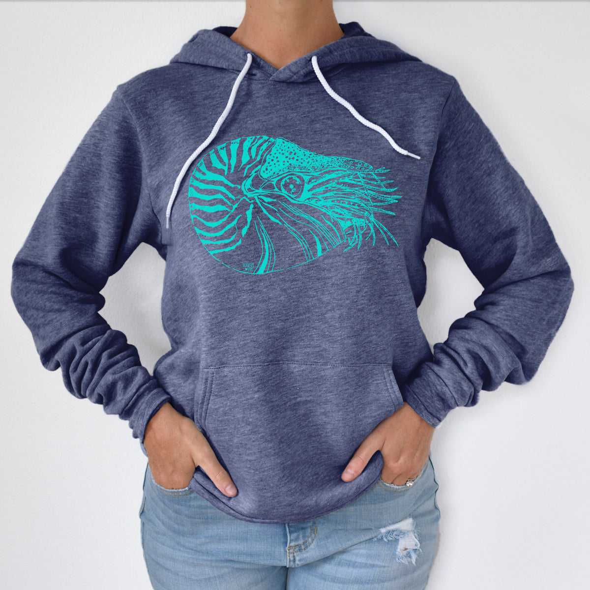 hand drawn nautilus design on a navy hoodie