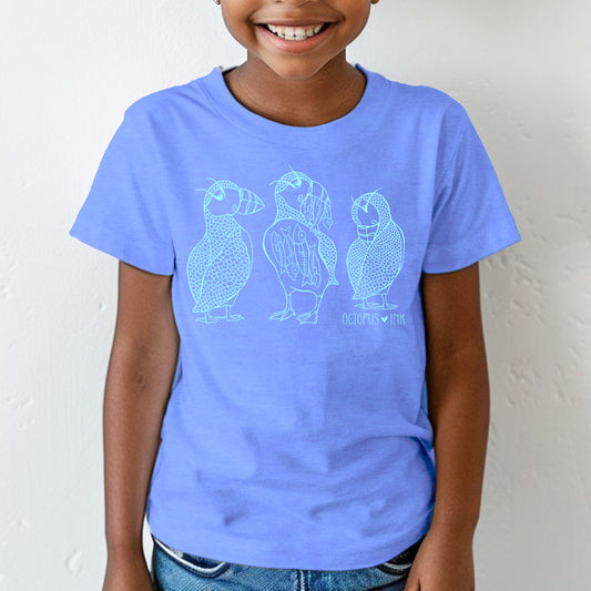 blue toddler tee with hand drawn puffin and fish design