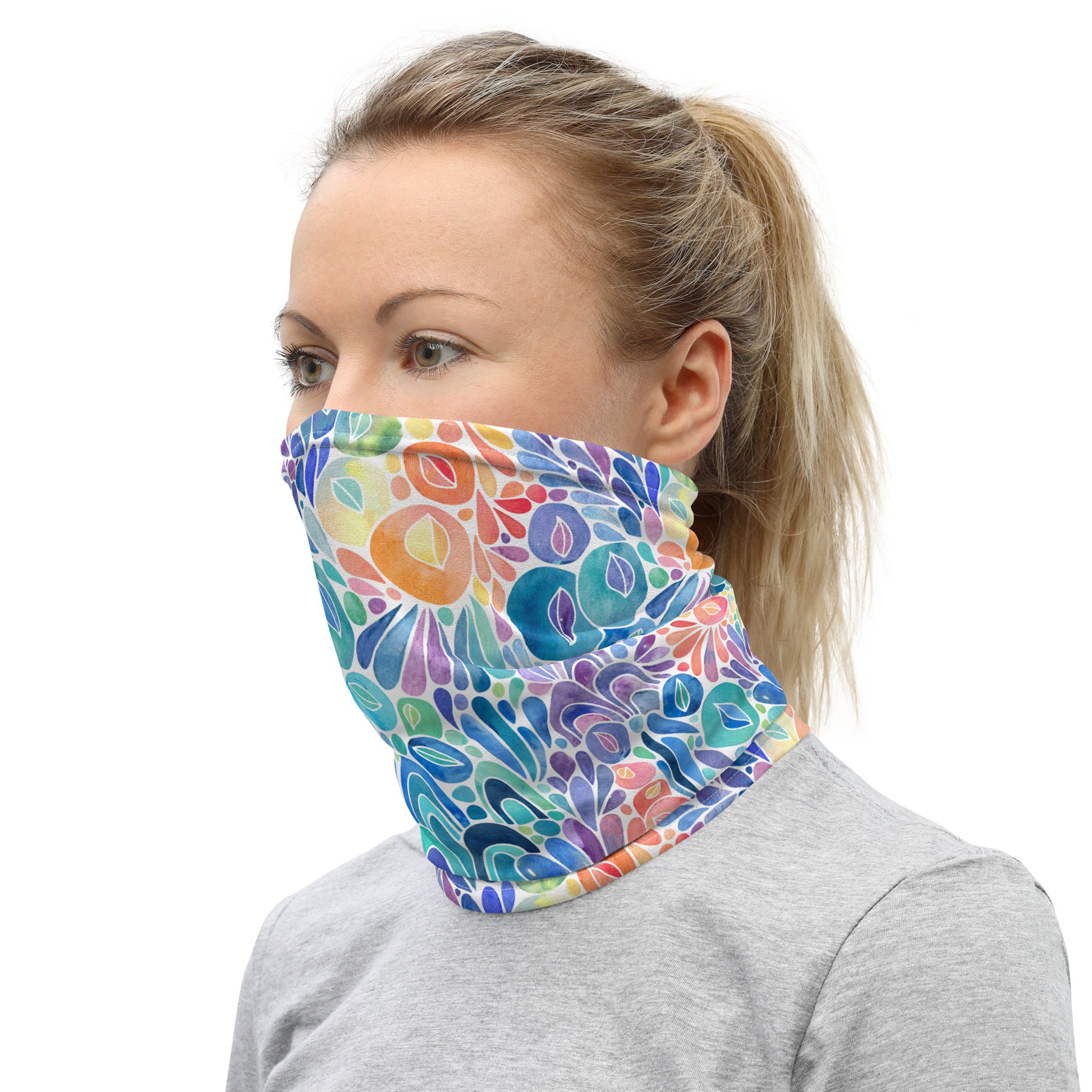 Product neck gaiter featuring a hand painted watercolor design 