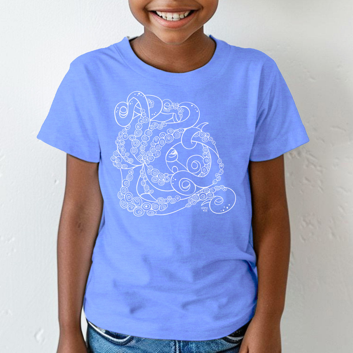 blue toddler tee with hand drawn octopus design