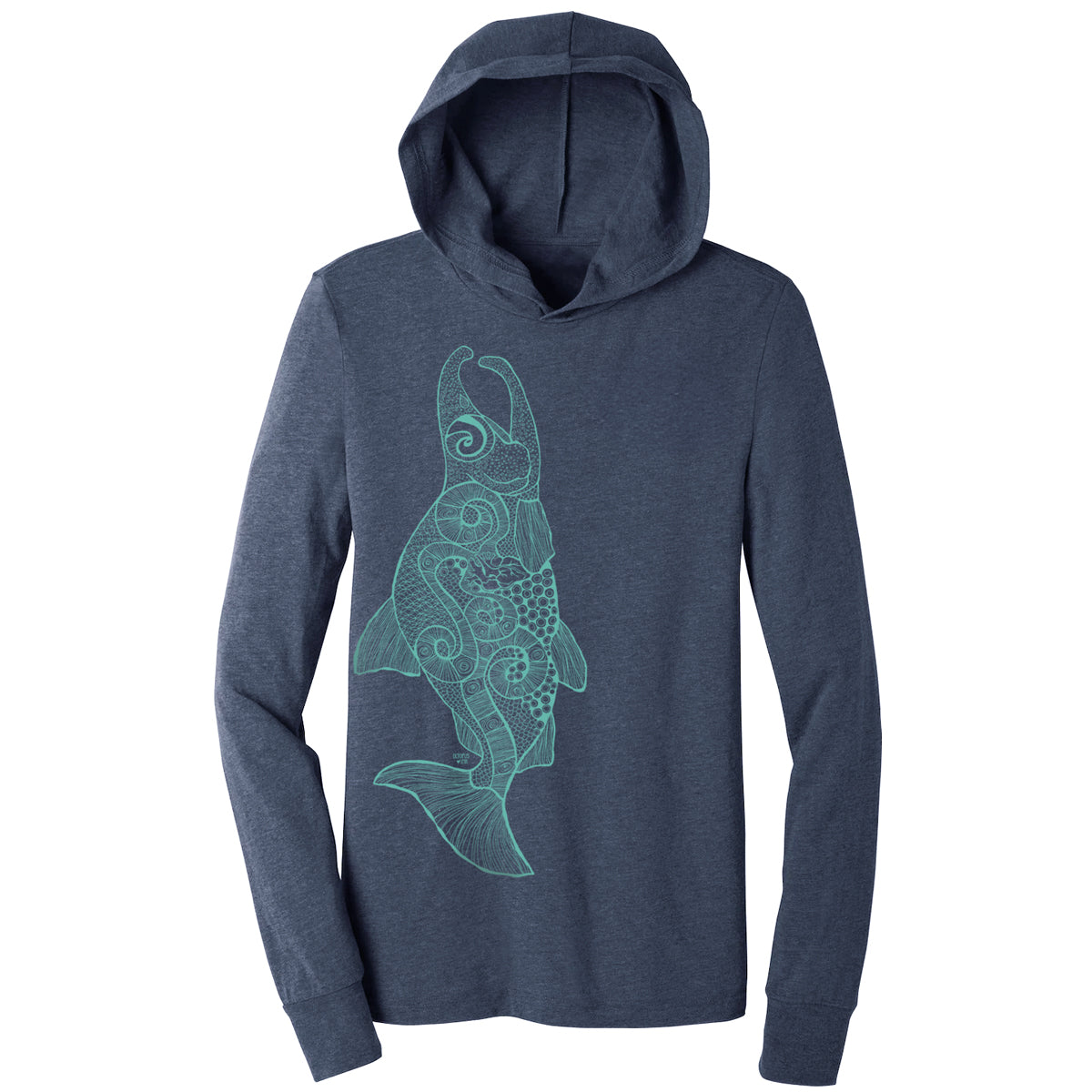 salmon design on a navy unisex lightweight hooded long sleeve