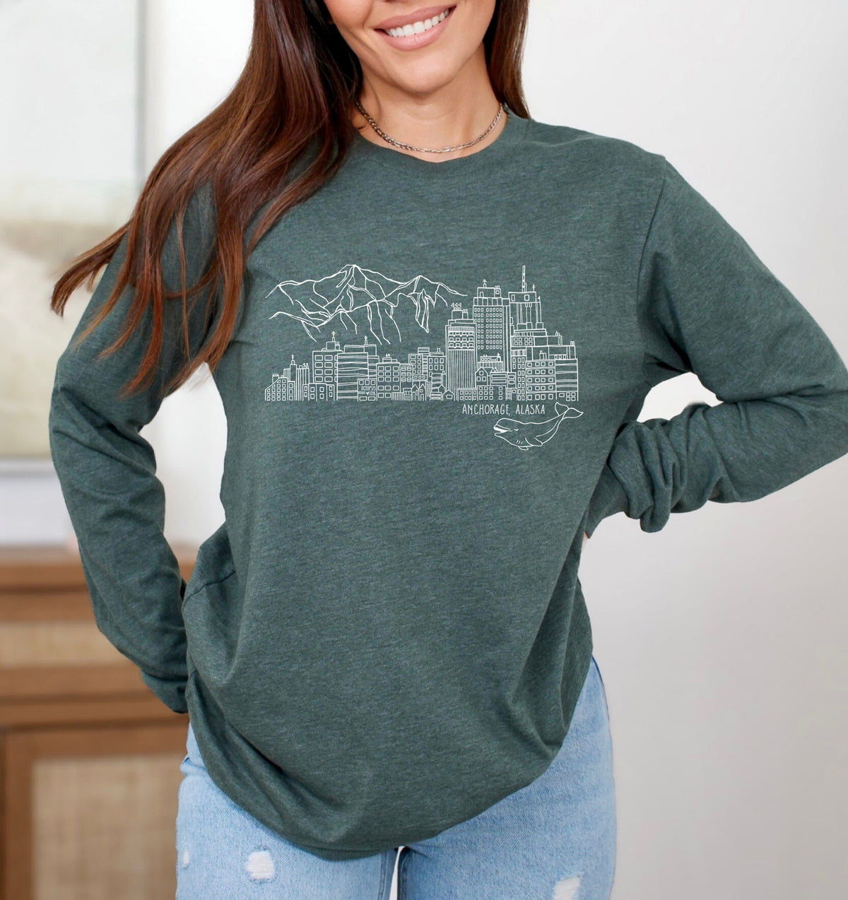 anchorage alaska skyline design on green long sleeve tee