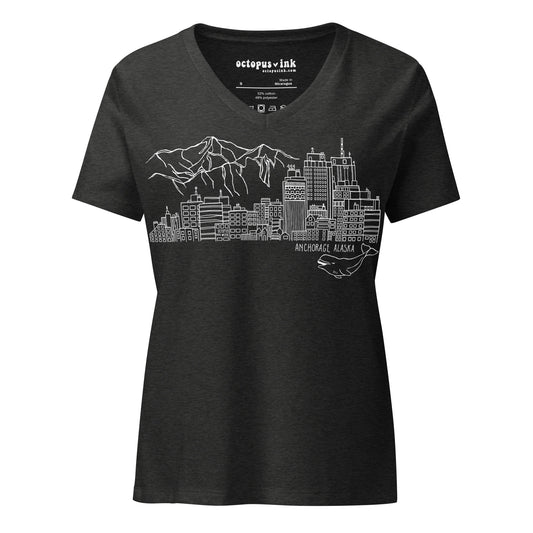 ladies charcoal v-neck tee with anchorage skyline design in white ink