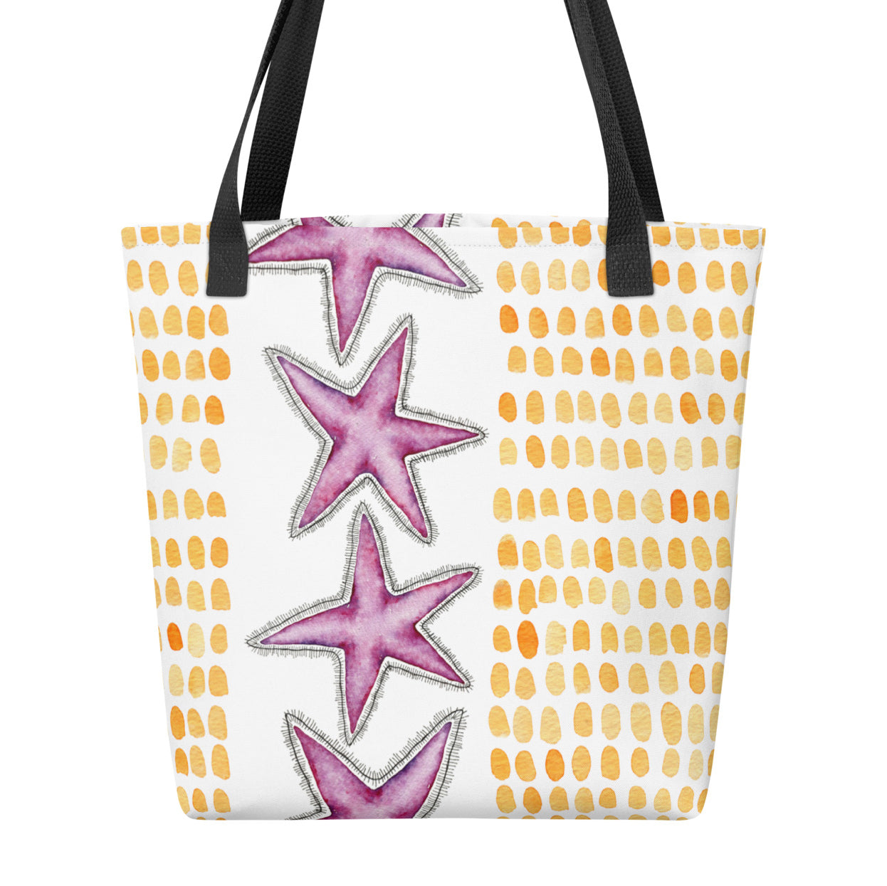 Tote bag with pink starfish design on a white background