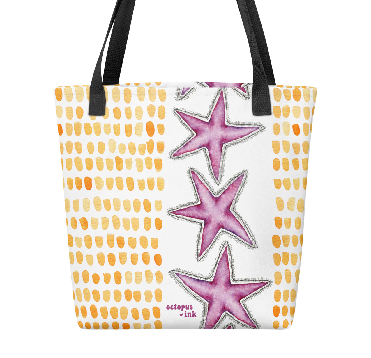 Tote bag with starfish design and orange pattern on a white background