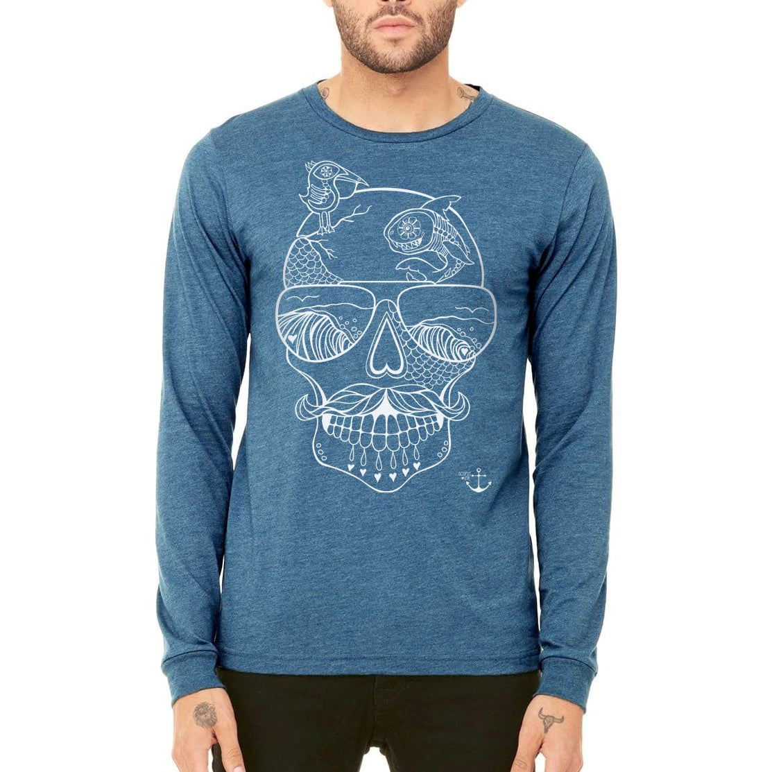 sugar skull design on heather teal unisex long sleeve