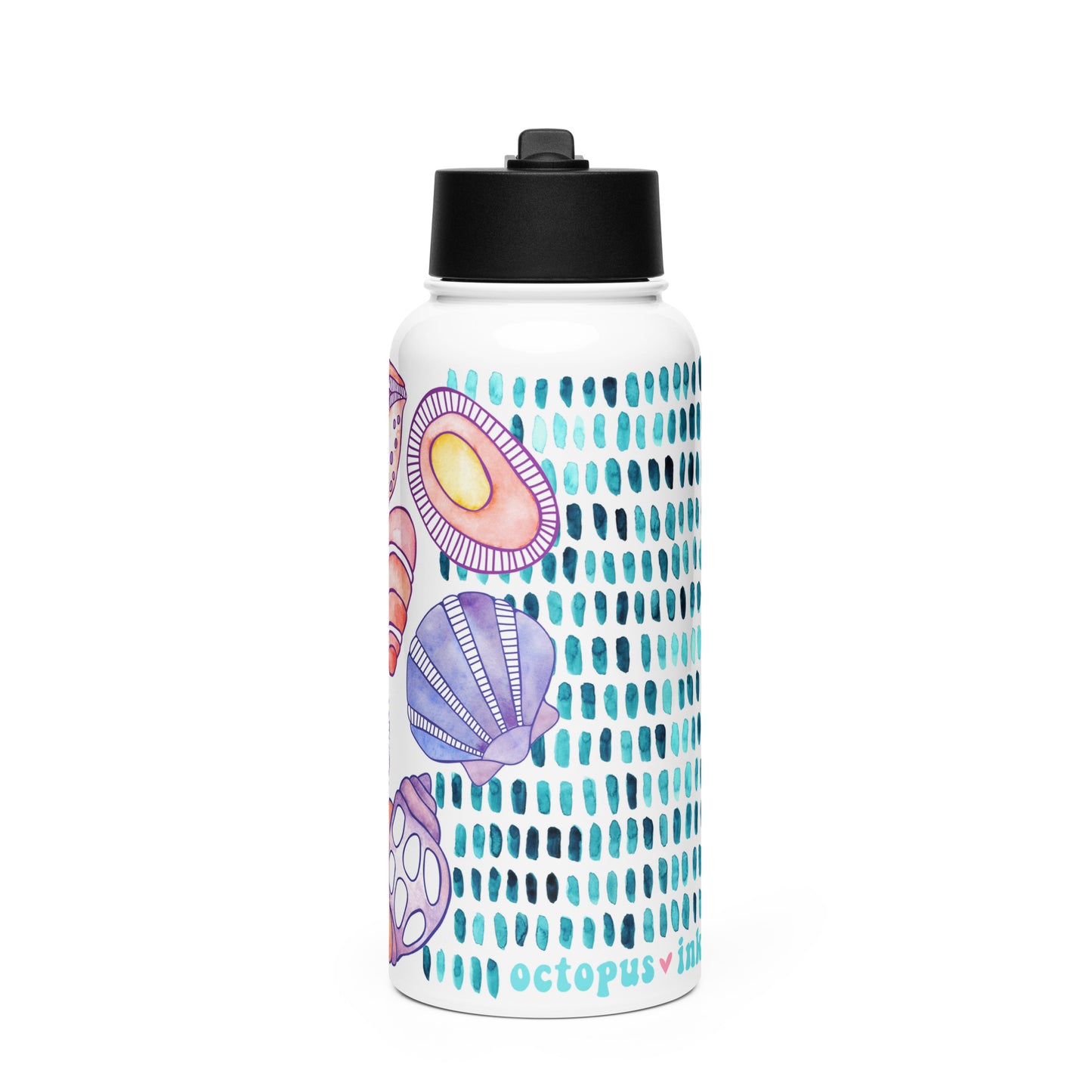 water bottle with hand painted shell design in purples and turquoise