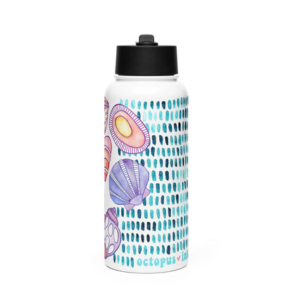 water bottle with hand painted shell design in purples and turquoise