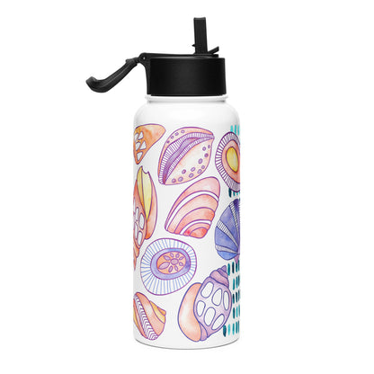 water bottle with hand painted shell design in purples and turquoise