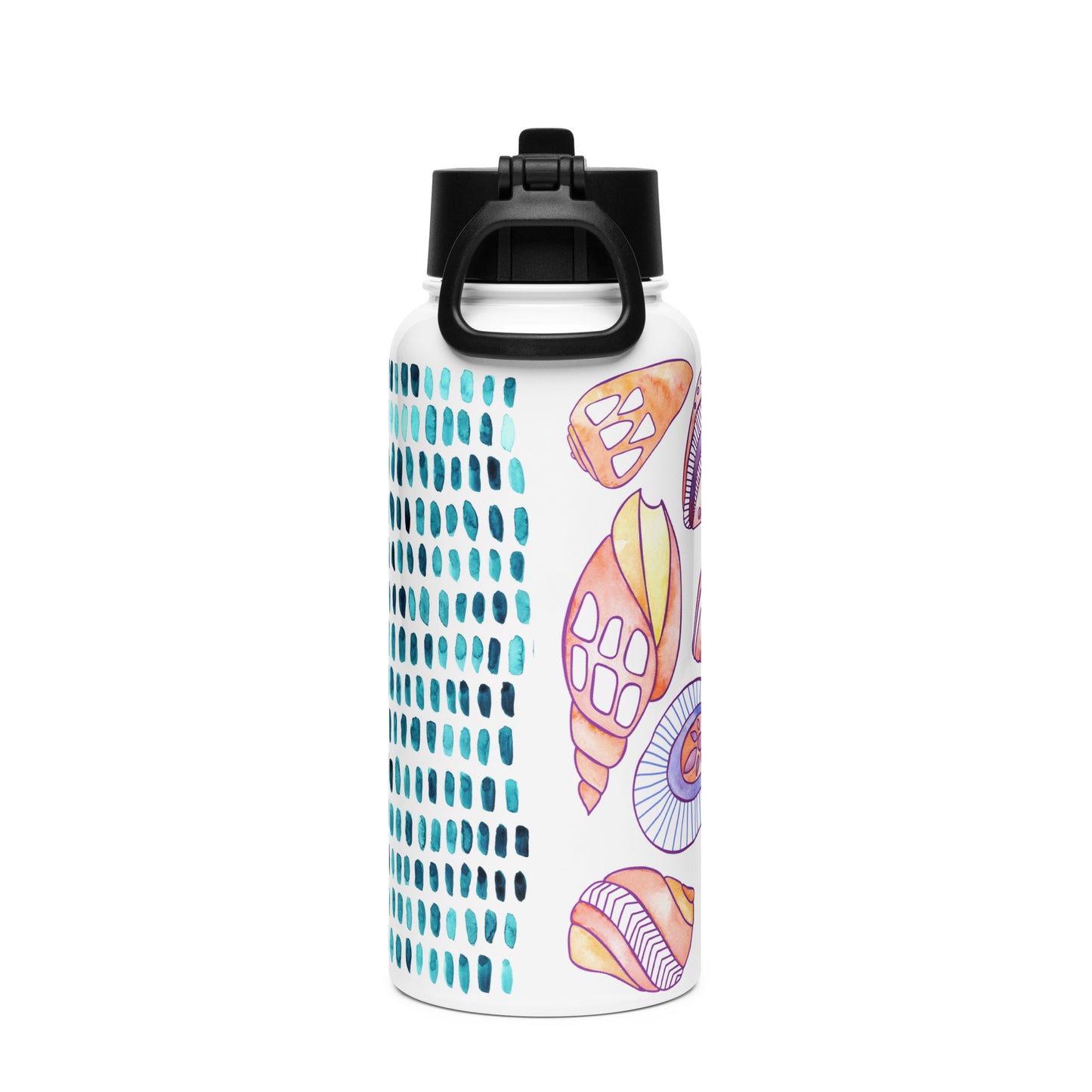 water bottle with hand painted shell design in purples and turquoise