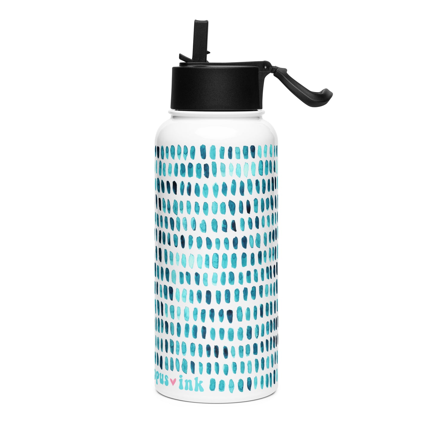 water bottle with hand painted shell design in purples and turquoise